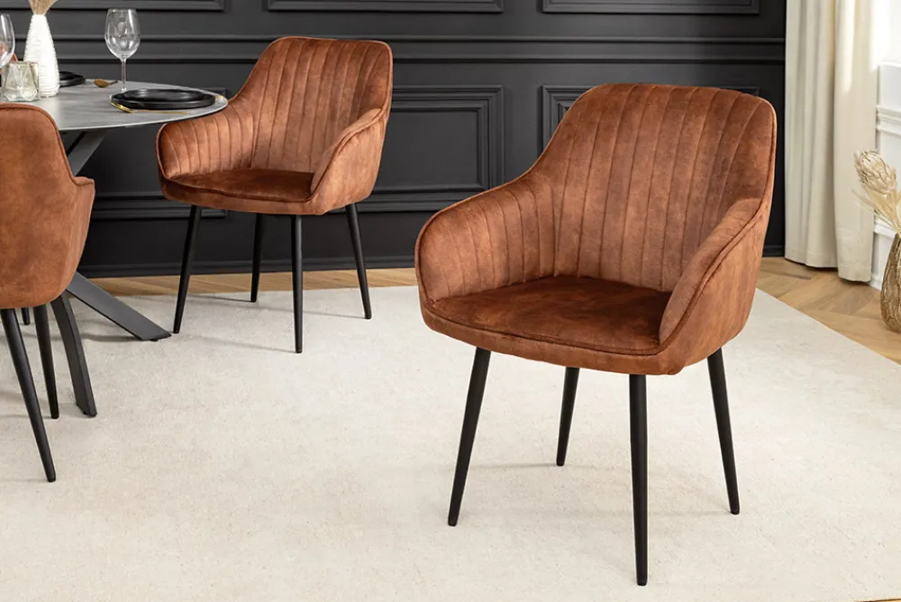 Riess-Ambiente Retro Möbel|Stühle > Design Stuhl TURIN rost braun Samt mit Ziersteppung und Armlehne schwarz Metall