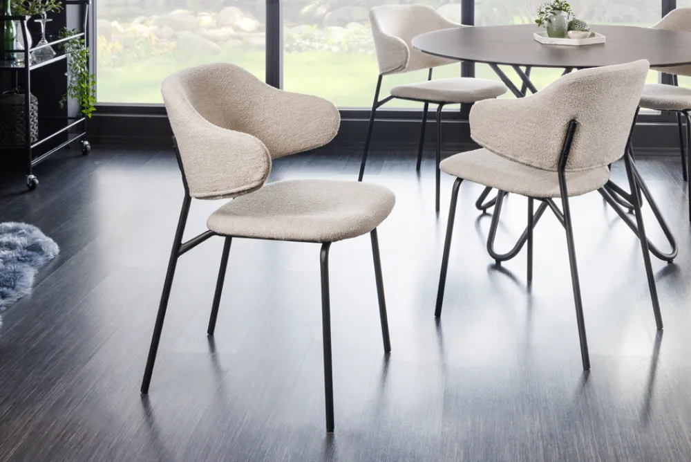 Riess-Ambiente Skandinavisch|Retro Möbel > Design Stuhl VOGUE greige Bouclé schwarze Metallbeine