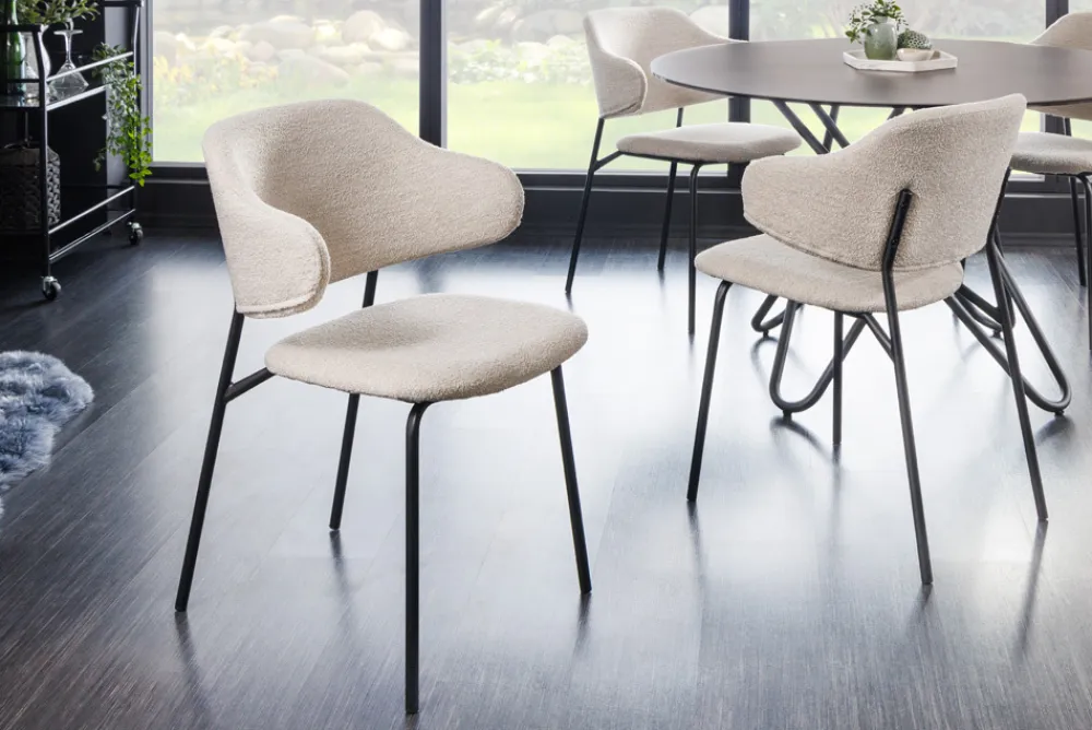 Riess-Ambiente Skandinavisch|Retro Möbel > Design Stuhl VOGUE greige Bouclé schwarze Metallbeine