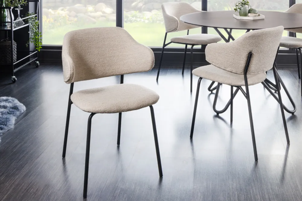 Riess-Ambiente Skandinavisch|Retro Möbel > Design Stuhl VOGUE greige Bouclé schwarze Metallbeine