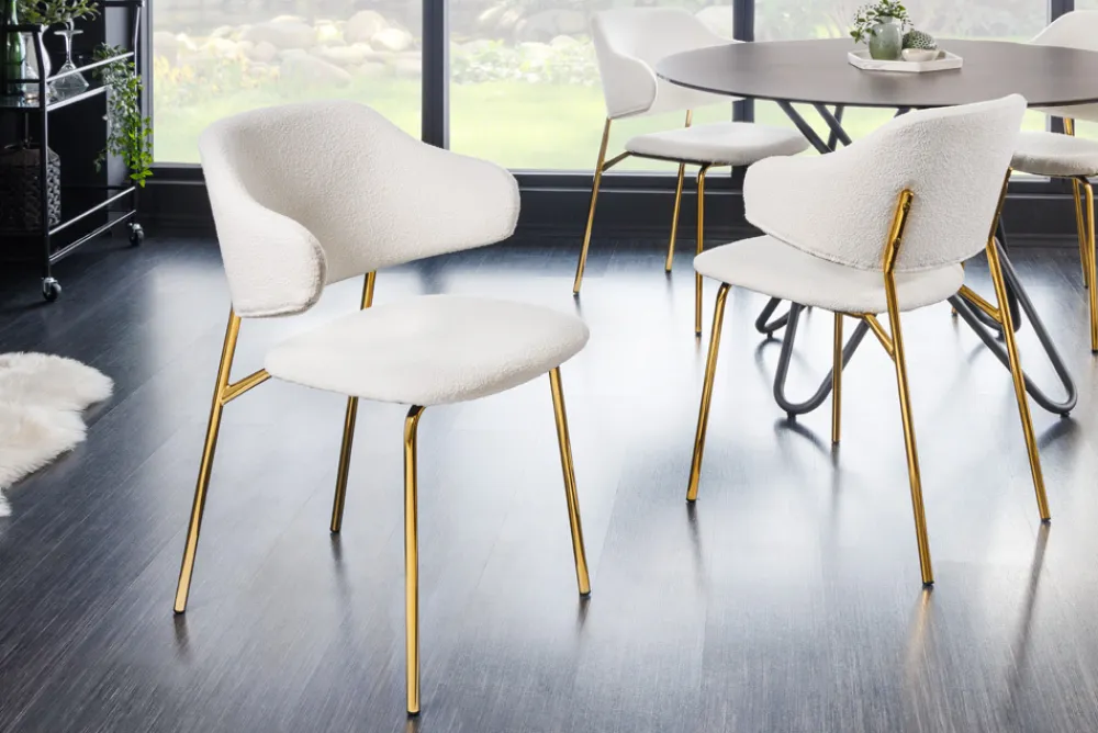 Riess-Ambiente Skandinavisch|Retro Möbel > Design Stuhl VOGUE weiß Bouclé goldene Metallbeine