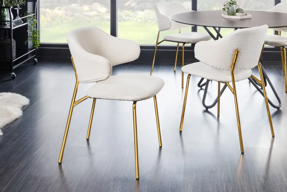 Riess-Ambiente Skandinavisch|Retro Möbel > Design Stuhl VOGUE weiß Bouclé goldene Metallbeine