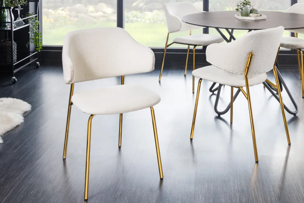 Riess-Ambiente Skandinavisch|Retro Möbel > Design Stuhl VOGUE weiß Bouclé goldene Metallbeine