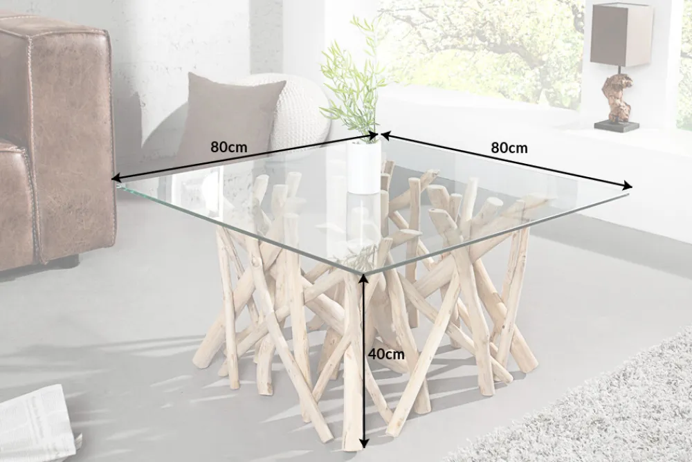 Riess-Ambiente Mehr...|Couchtische > Design Teakholz Couchtisch DRIFTWOOD 80cm mit Glasplatte eckig