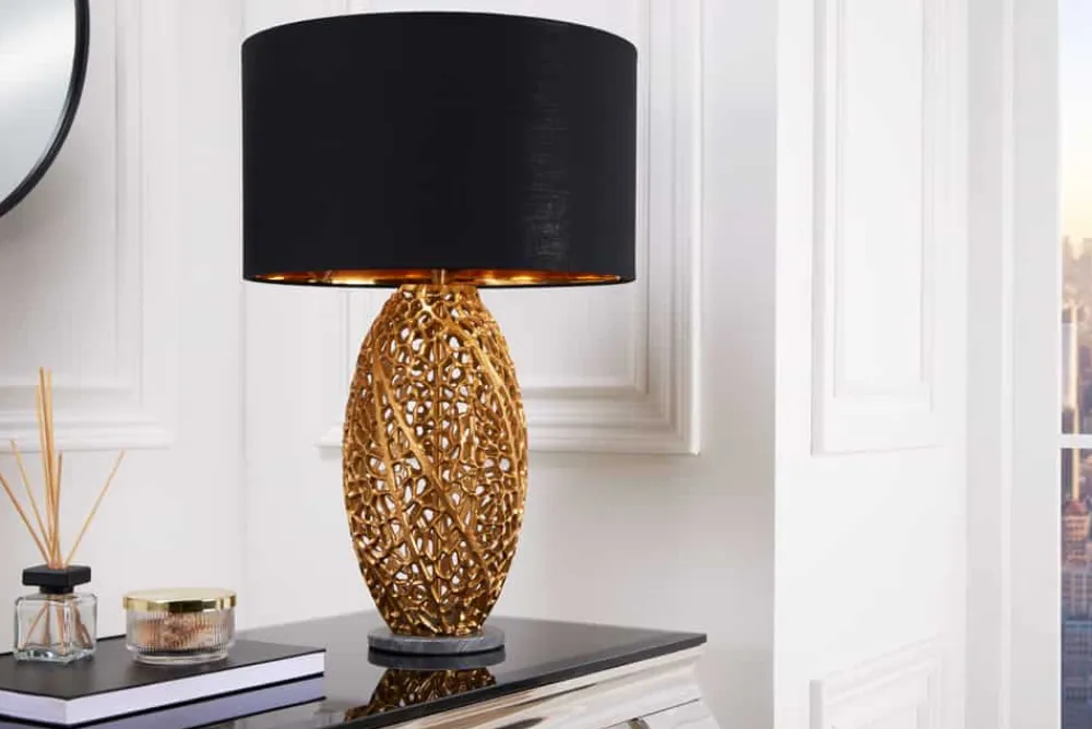 Riess-Ambiente Goldene Möbel|Tischlampen > Design Tischlampe ABSTRACT LEAF gold Metall schwarz Marmorfuß handmade