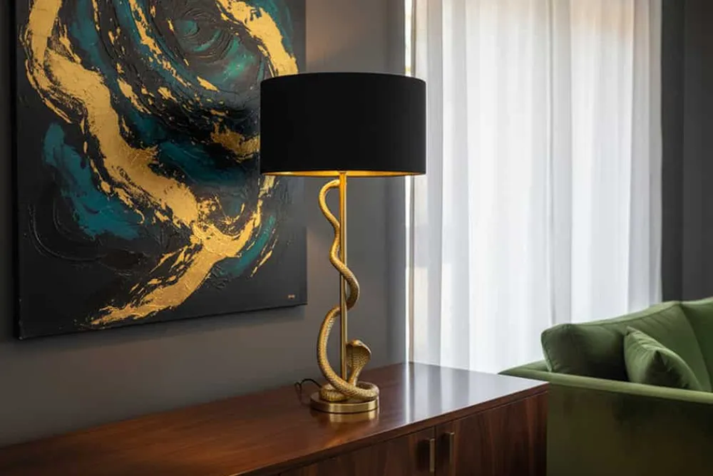 Riess-Ambiente Tischlampen > Design Tischlampe COBRA 110cm gold Schlangen Skulptur schwarzer Stoffschirm