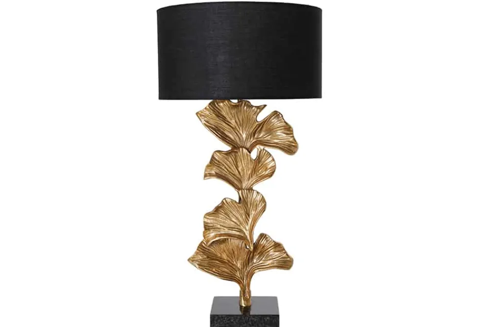Riess-Ambiente Goldene Möbel|Tischlampen > Design Tischlampe GINKGO 70cm schwarz Stoffschirm gold Metall handmade Marmor-Fuß