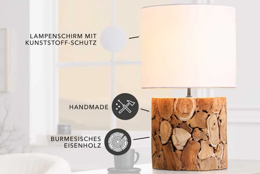 Riess-Ambiente Mehr...|Lampen > Design Tischlampe PURE NATURE 45cm natur handmade Eisenholz Baumwollschirm weiß