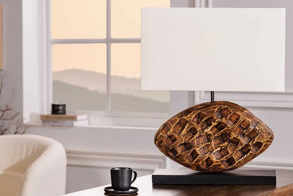Riess-Ambiente Mehr...|Mehr... > Design Tischlampe REEF 50cm Regenbaum Massivholz handmade Baumwollschirm weiß