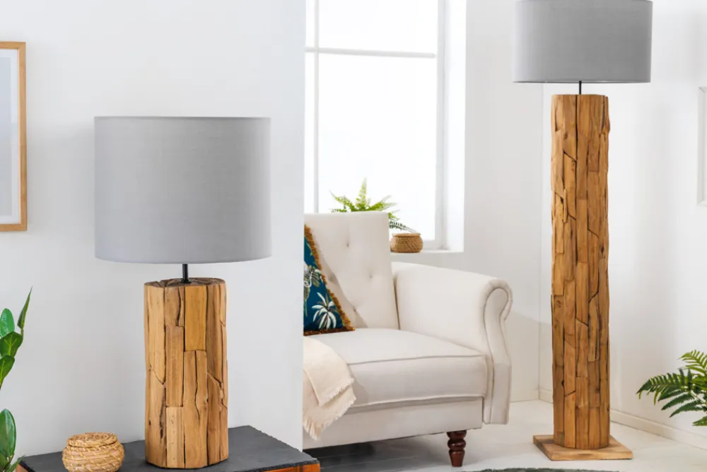 Riess-Ambiente Mehr...|Mehr... > Design Tischlampe ROOTS 60cm Treibholz Leinenschirm grau handmade