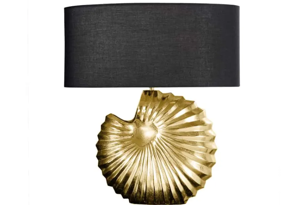 Riess-Ambiente Goldene Möbel|Tischlampen > Design Tischlampe SHELL 60cm gold schwarz Metall Stoffschirm maritim