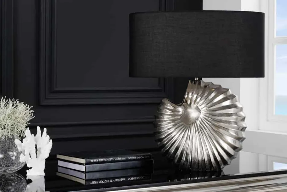Riess-Ambiente Tischlampen > Design Tischlampe SHELL 60cm silber schwarz Metall Stoffschirm maritim