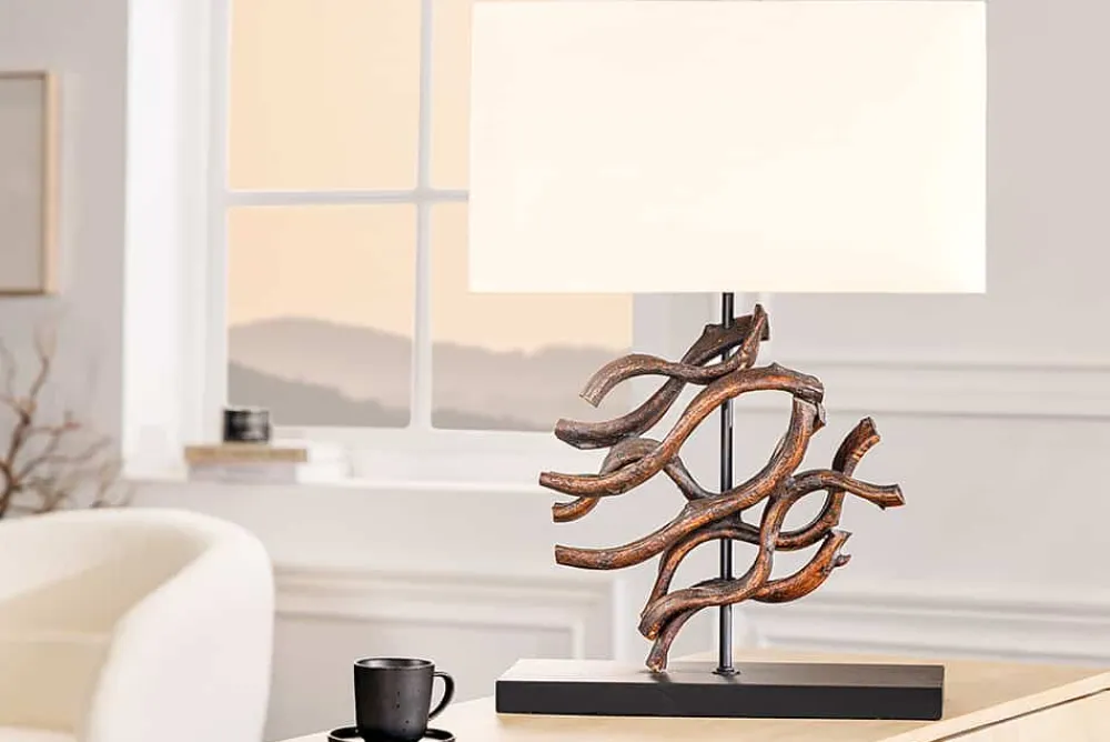 Riess-Ambiente Mehr...|Lampen > Design Tischlampe WAVE 60cm natur Massivholz handmade beige Baumwollschirm