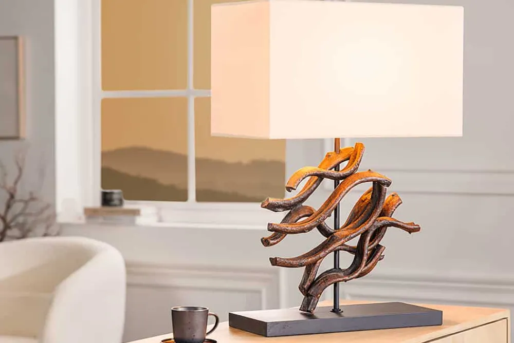 Riess-Ambiente Mehr...|Lampen > Design Tischlampe WAVE 60cm natur Massivholz handmade beige Baumwollschirm