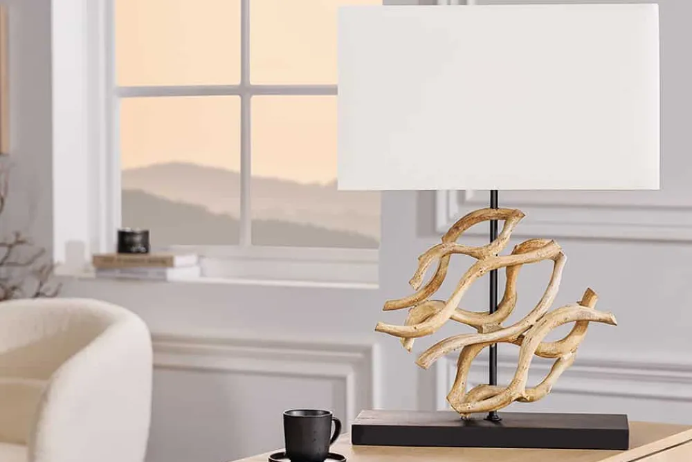 Riess-Ambiente Mehr...|Lampen > Design Tischlampe WAVE 60cm natur Massivholz handmade weiß Baumwollschirm