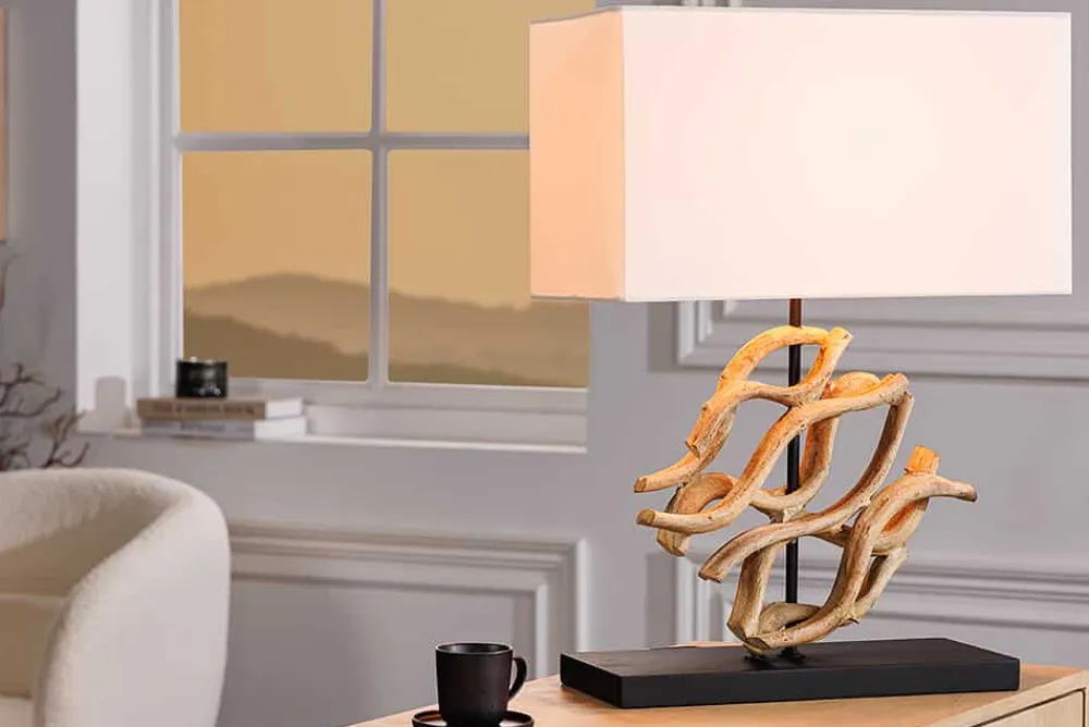 Riess-Ambiente Mehr...|Lampen > Design Tischlampe WAVE 60cm natur Massivholz handmade weiß Baumwollschirm
