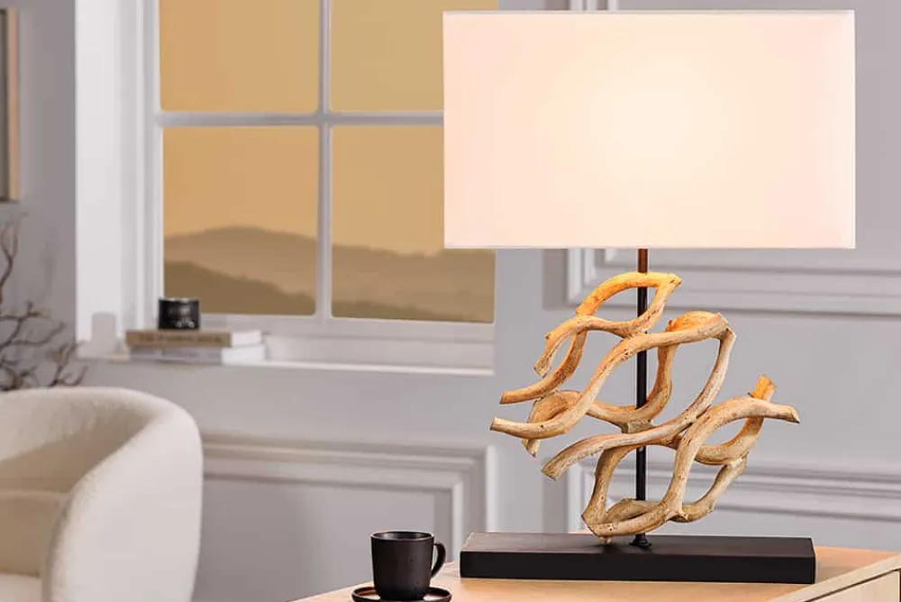 Riess-Ambiente Mehr...|Lampen > Design Tischlampe WAVE 60cm natur Massivholz handmade weiß Baumwollschirm