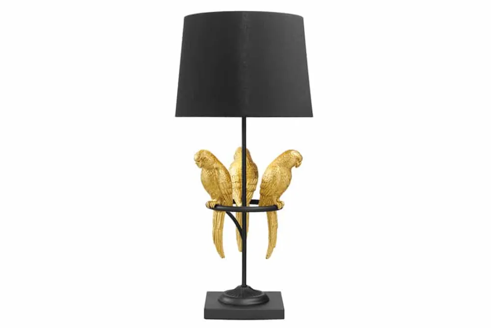 Riess-Ambiente Goldene Möbel|Tischlampen > Design Tischlampe WILDLIFE 75cm schwarz gold rund Papagei Skulpturen mit Marmor-Fuß