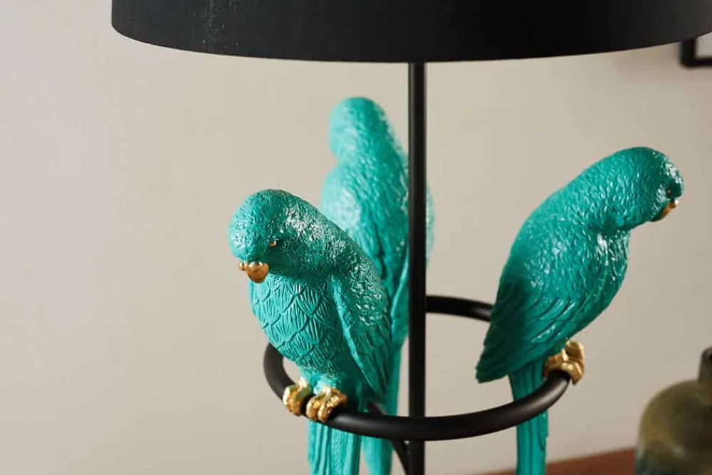 Riess-Ambiente Tischlampen > Design Tischlampe WILDLIFE 75cm schwarz türkis rund Papagei Skulpturen mit Marmor-Fuß