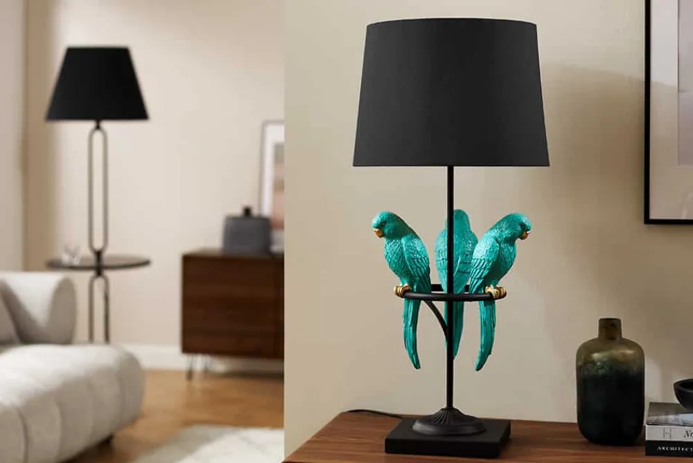 Riess-Ambiente Tischlampen > Design Tischlampe WILDLIFE 75cm schwarz türkis rund Papagei Skulpturen mit Marmor-Fuß