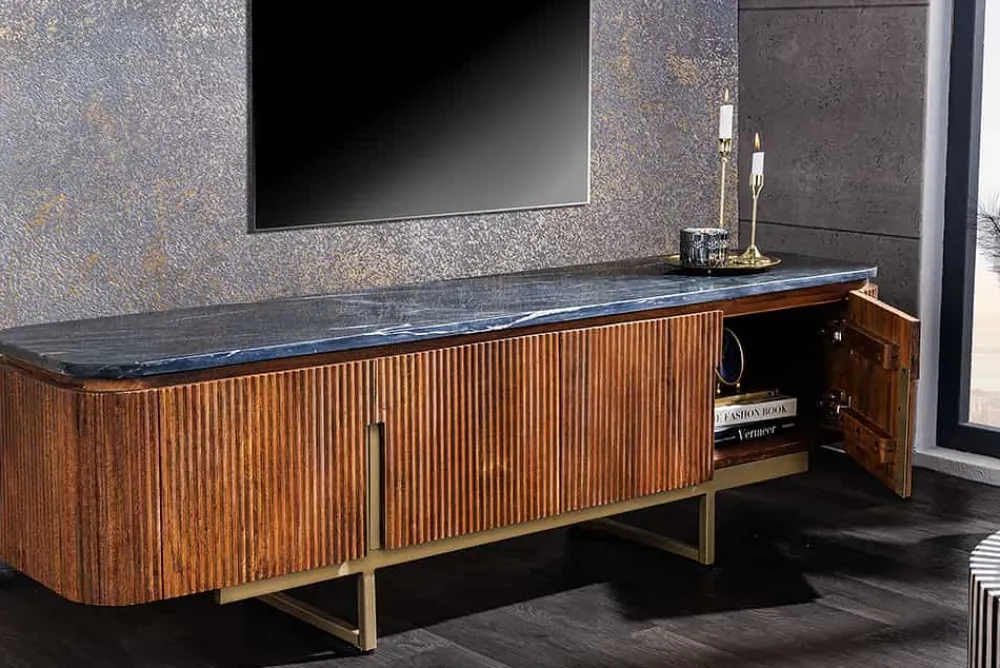 Riess-Ambiente Retro Möbel|Tv- & Lowboards > Design TV-Board GATSBY 160cm braun gold Mangoholz Marmor Metallgestell