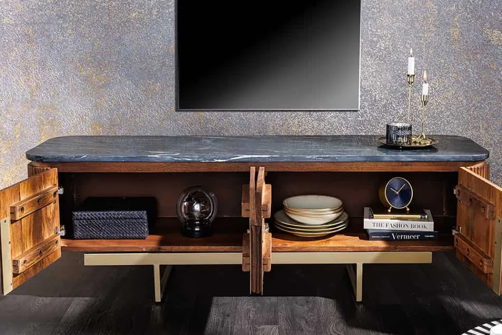 Riess-Ambiente Retro Möbel|Tv- & Lowboards > Design TV-Board GATSBY 160cm braun gold Mangoholz Marmor Metallgestell