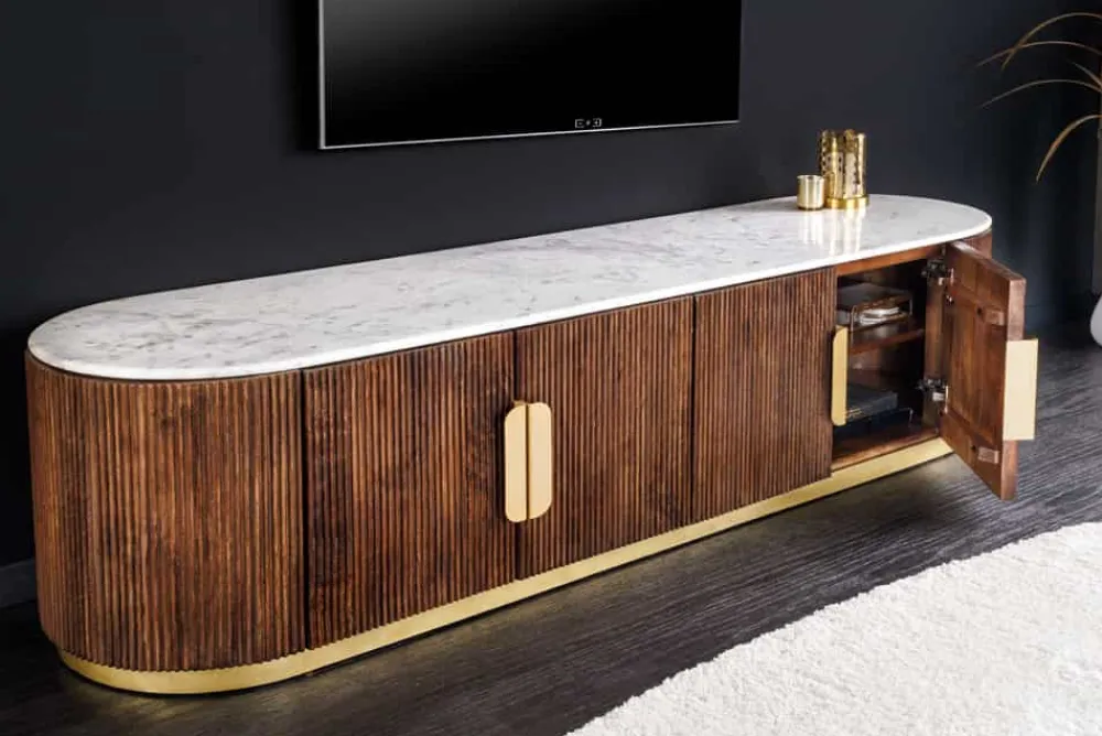Riess-Ambiente Mehr...|Retro Möbel > Design TV-Board GATSBY 170cm braun gold Mangoholz weiße Marmorplatte Lowboard