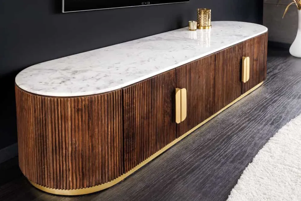 Riess-Ambiente Mehr...|Retro Möbel > Design TV-Board GATSBY 170cm braun gold Mangoholz weiße Marmorplatte Lowboard