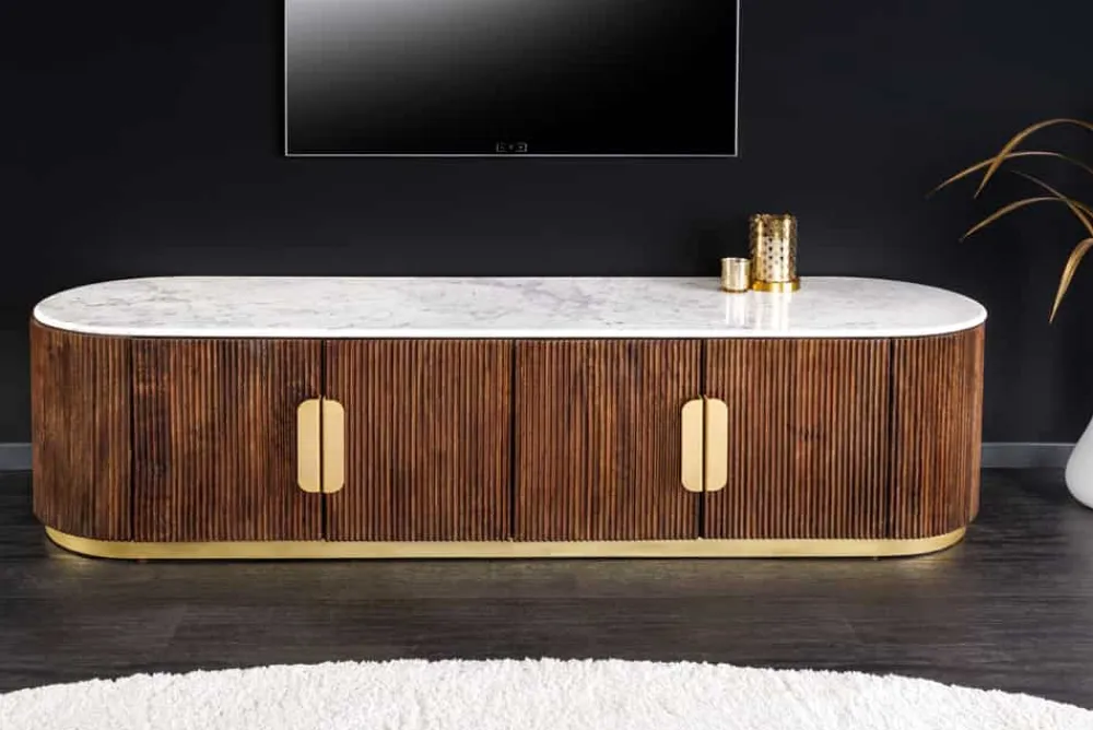 Riess-Ambiente Mehr...|Retro Möbel > Design TV-Board GATSBY 170cm braun gold Mangoholz weiße Marmorplatte Lowboard