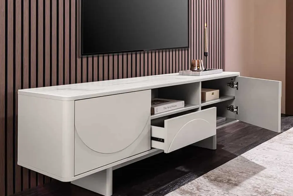 Riess-Ambiente Retro Möbel|Tv- & Lowboards > Design TV-Board SAVOY 150cm kaschmir weiß Marmor Keramik mit Stauraum und 3D-Front