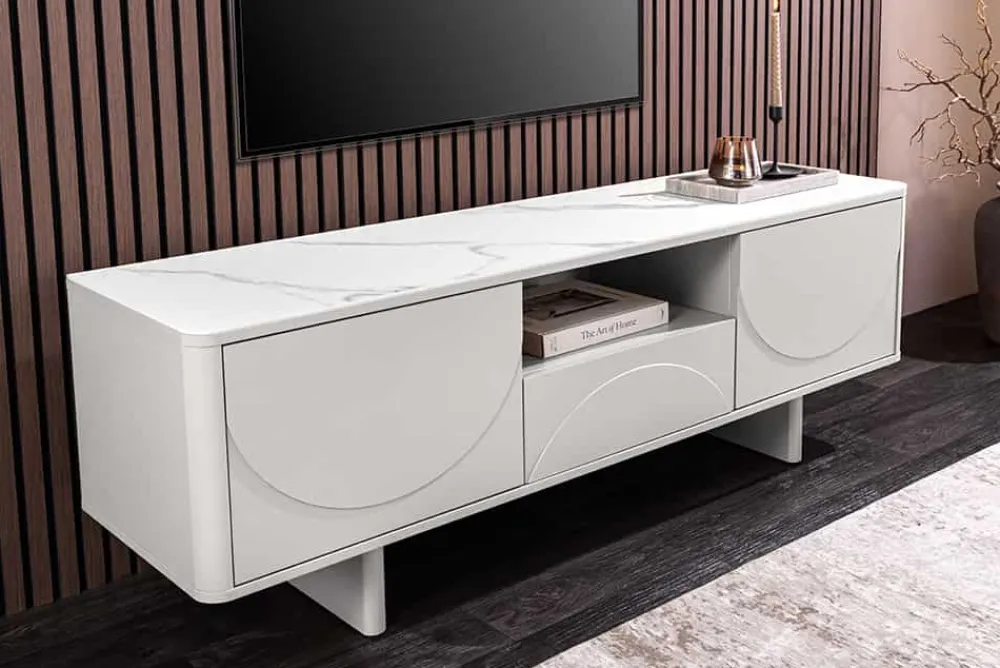 Riess-Ambiente Retro Möbel|Tv- & Lowboards > Design TV-Board SAVOY 150cm kaschmir weiß Marmor Keramik mit Stauraum und 3D-Front