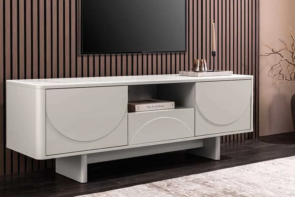 Riess-Ambiente Retro Möbel|Tv- & Lowboards > Design TV-Board SAVOY 150cm kaschmir weiß Marmor Keramik mit Stauraum und 3D-Front