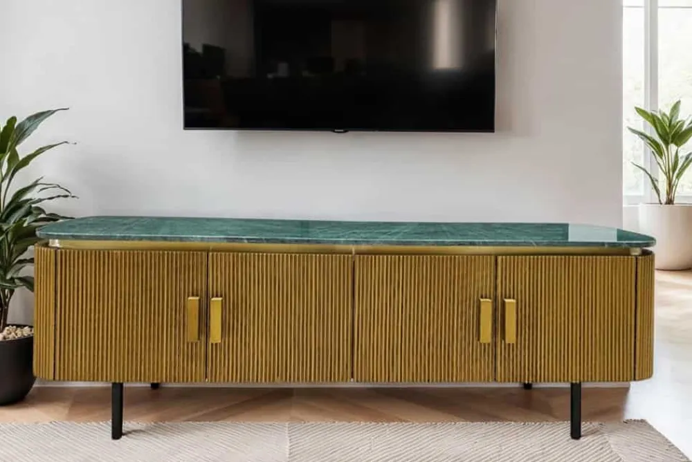 Riess-Ambiente Tv- & Lowboards|Mehr... > Design TV-Board VENEZIANO 160cm messing grün Marmorplatte Mangoholz Retro