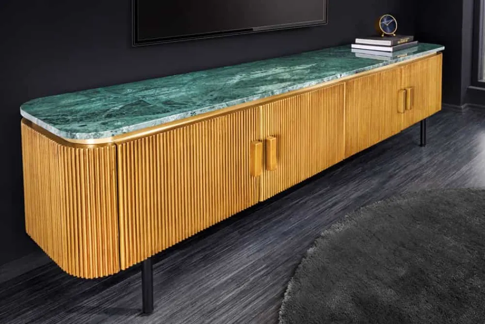 Riess-Ambiente Tv- & Lowboards|Mehr... > Design TV-Board VENEZIANO 160cm messing grün Marmorplatte Mangoholz Retro
