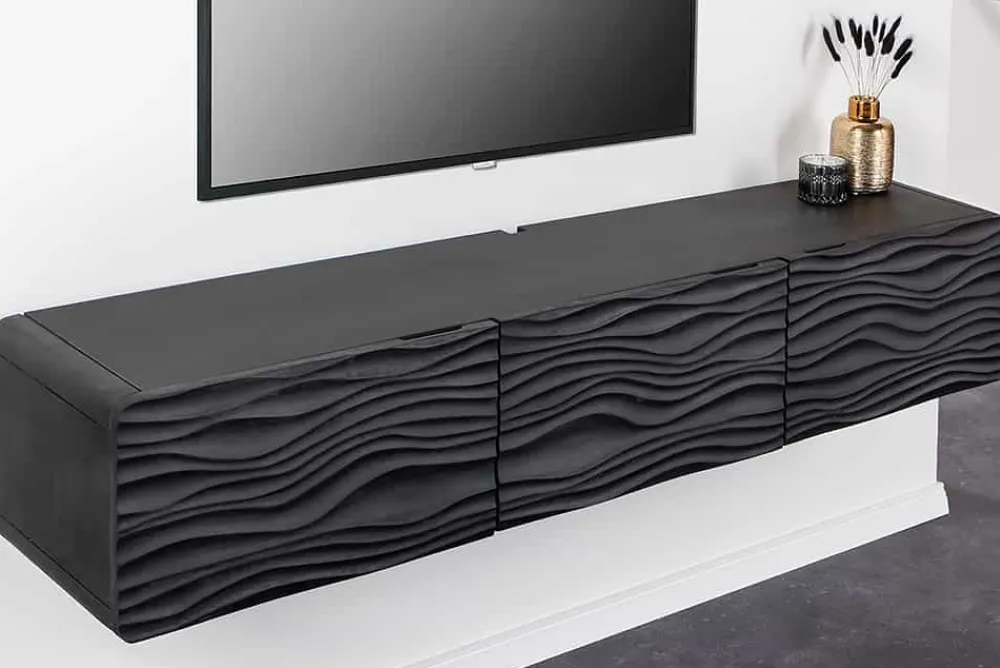 Riess-Ambiente Goldene Möbel|Tv- & Lowboards > Design TV-Board WAVE 160cm schwarz Mangoholz mit 3D Schnitzereien hängend