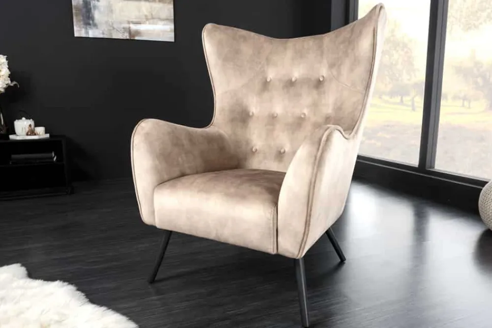 Riess-Ambiente Loungesessel|Skandinavisch > Design XL Sessel AMSTERDAM champagner Samt schwarze Metallbeine Retro Stil