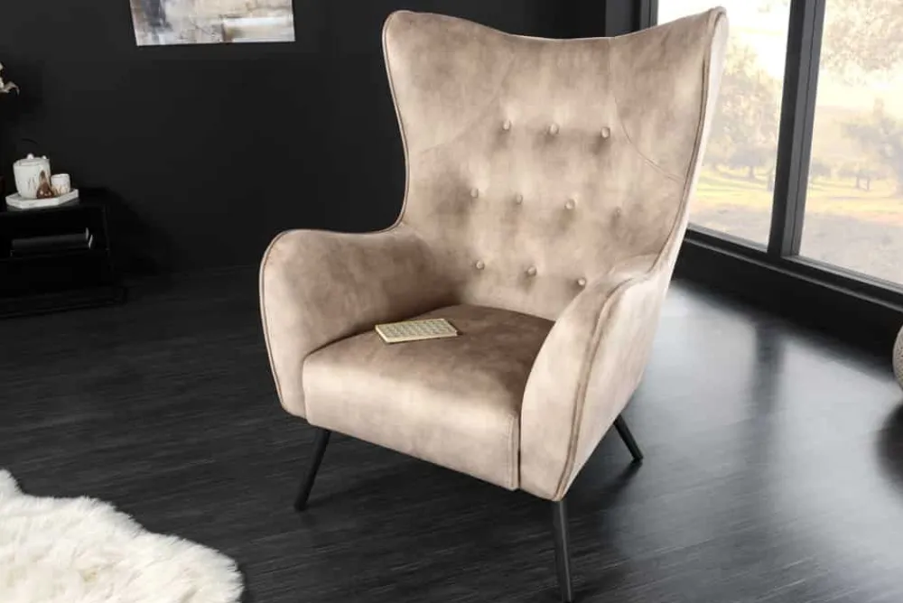 Riess-Ambiente Loungesessel|Skandinavisch > Design XL Sessel AMSTERDAM champagner Samt schwarze Metallbeine Retro Stil