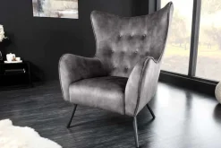 Riess-Ambiente Loungesessel|Skandinavisch > Design XL Sessel AMSTERDAM grau Samt schwarze Metallbeine Retro Stil