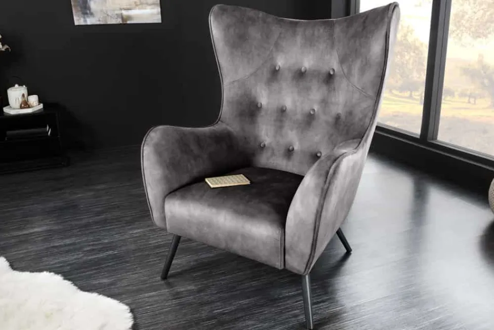 Riess-Ambiente Loungesessel|Skandinavisch > Design XL Sessel AMSTERDAM grau Samt schwarze Metallbeine Retro Stil