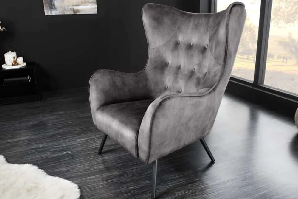 Riess-Ambiente Loungesessel|Skandinavisch > Design XL Sessel AMSTERDAM grau Samt schwarze Metallbeine Retro Stil