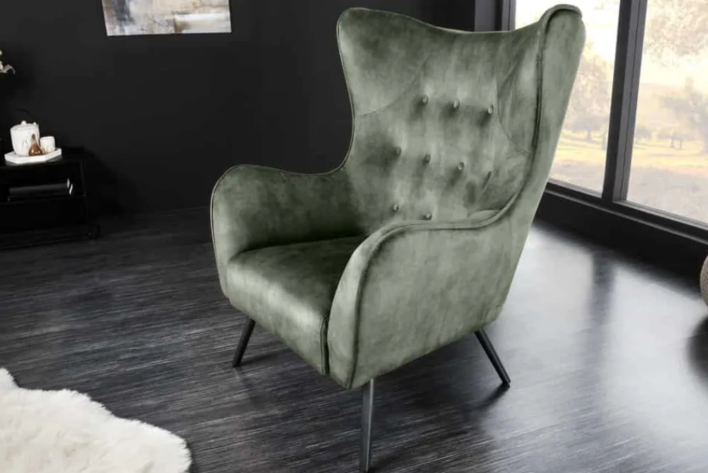 Riess-Ambiente Loungesessel|Skandinavisch > Design XL Sessel AMSTERDAM grün Samt schwarze Metallbeine Retro Stil