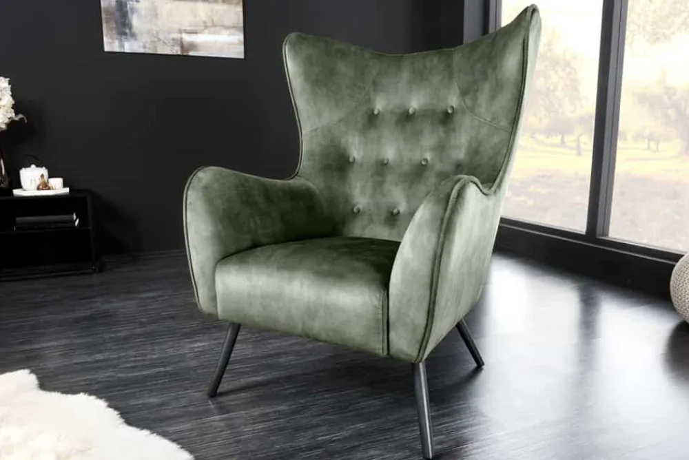 Riess-Ambiente Loungesessel|Skandinavisch > Design XL Sessel AMSTERDAM grün Samt schwarze Metallbeine Retro Stil