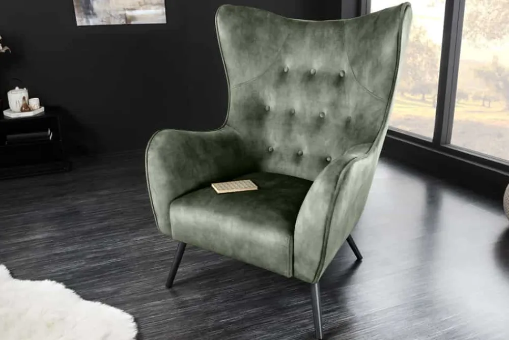 Riess-Ambiente Loungesessel|Skandinavisch > Design XL Sessel AMSTERDAM grün Samt schwarze Metallbeine Retro Stil