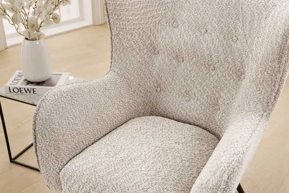 Riess-Ambiente Skandinavisch|Loungesessel > Design XL Sessel AMSTERDAM greige Bouclé schwarze Metallbeine Retro Stil