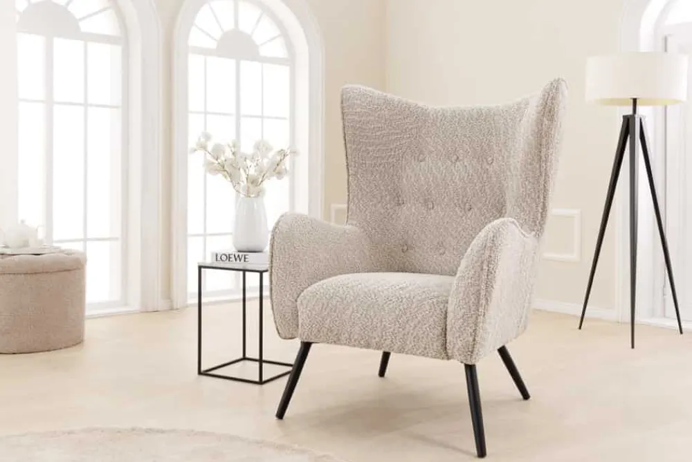 Riess-Ambiente Skandinavisch|Loungesessel > Design XL Sessel AMSTERDAM greige Bouclé schwarze Metallbeine Retro Stil