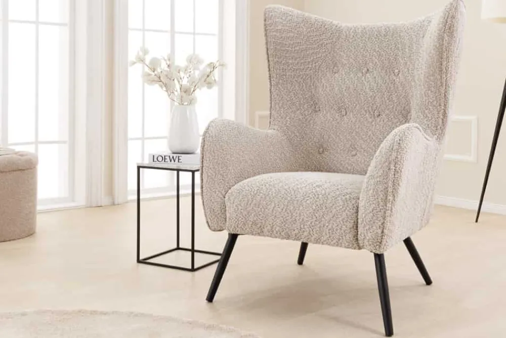 Riess-Ambiente Skandinavisch|Loungesessel > Design XL Sessel AMSTERDAM greige Bouclé schwarze Metallbeine Retro Stil