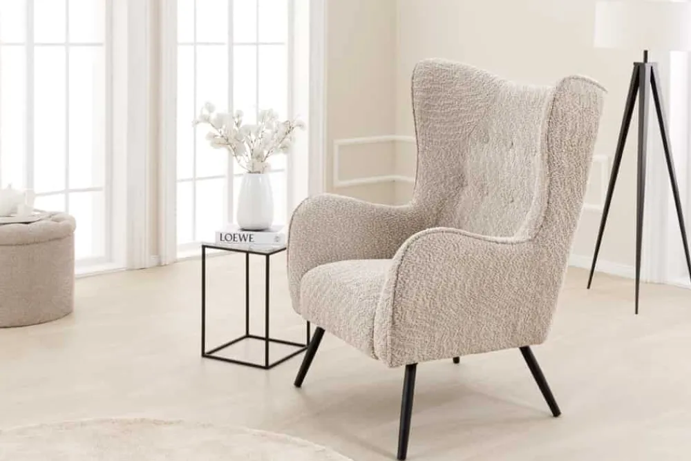 Riess-Ambiente Skandinavisch|Loungesessel > Design XL Sessel AMSTERDAM greige Bouclé schwarze Metallbeine Retro Stil