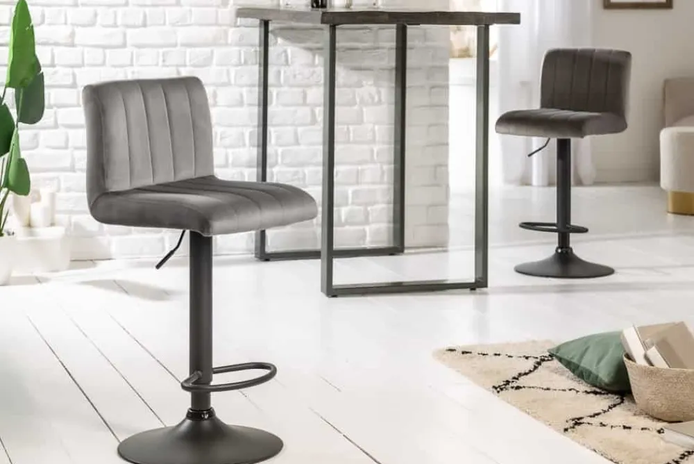 Riess-Ambiente Industrial Loft|Retro Möbel > Drehbarer Barhocker PORTLAND grau Samt Barstuhl mit Lehne höhenverstellbar