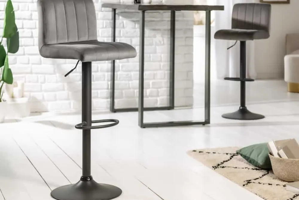 Riess-Ambiente Industrial Loft|Retro Möbel > Drehbarer Barhocker PORTLAND grau Samt Barstuhl mit Lehne höhenverstellbar