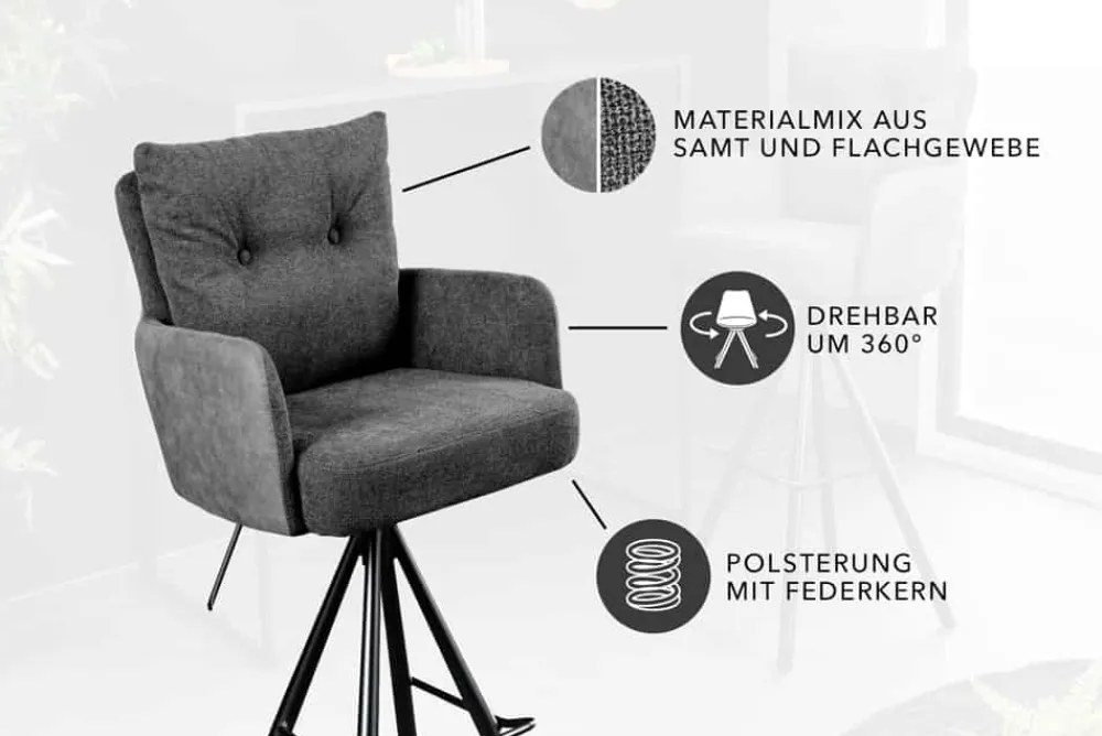 Riess-Ambiente Barhocker|Samt Möbel > Drehbarer Design Barhocker BIG GEORGE anthrazit Samt Taschenfederkern mit Armlehnen